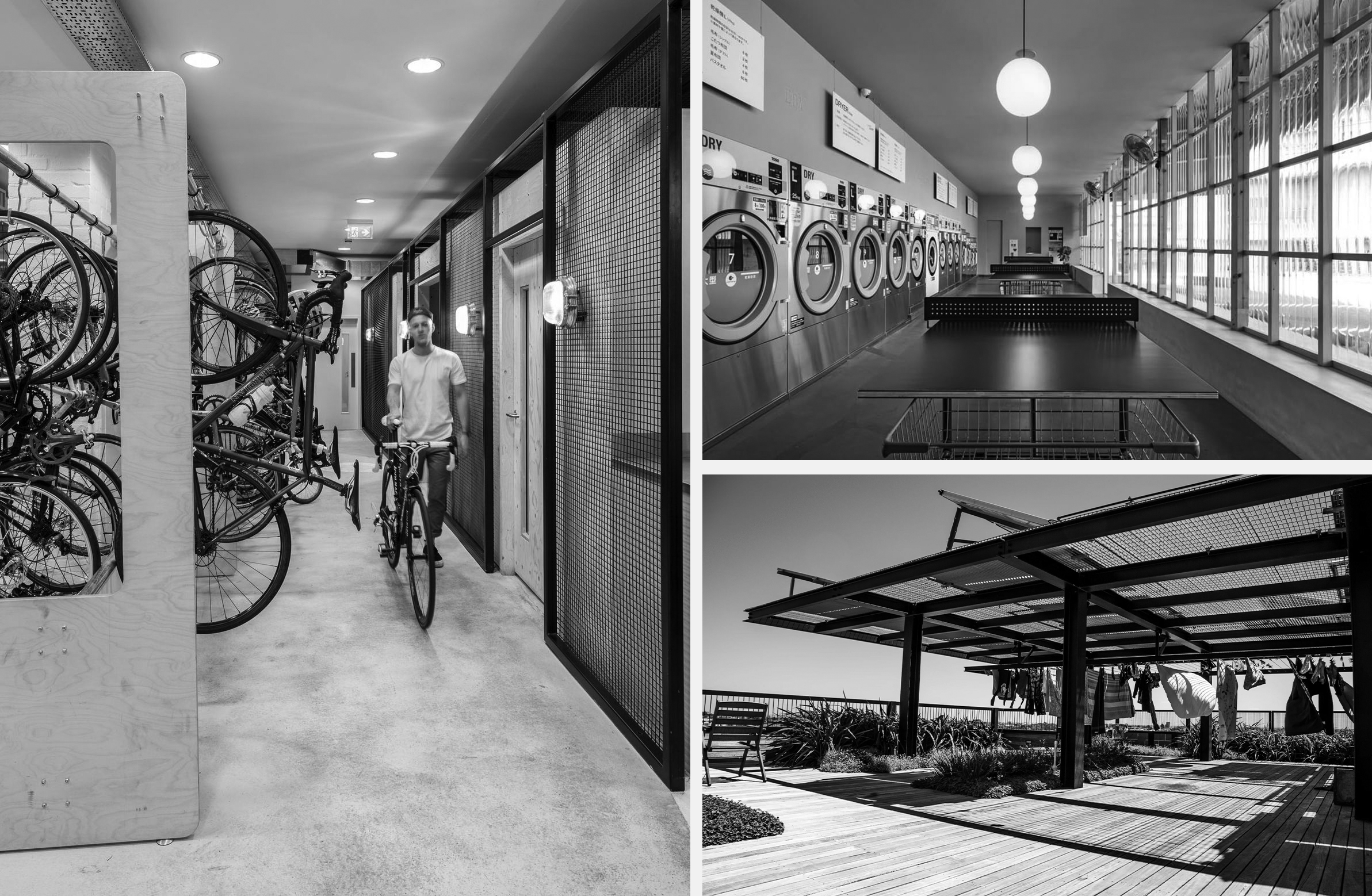 laundry and bike store and communal washing line examples